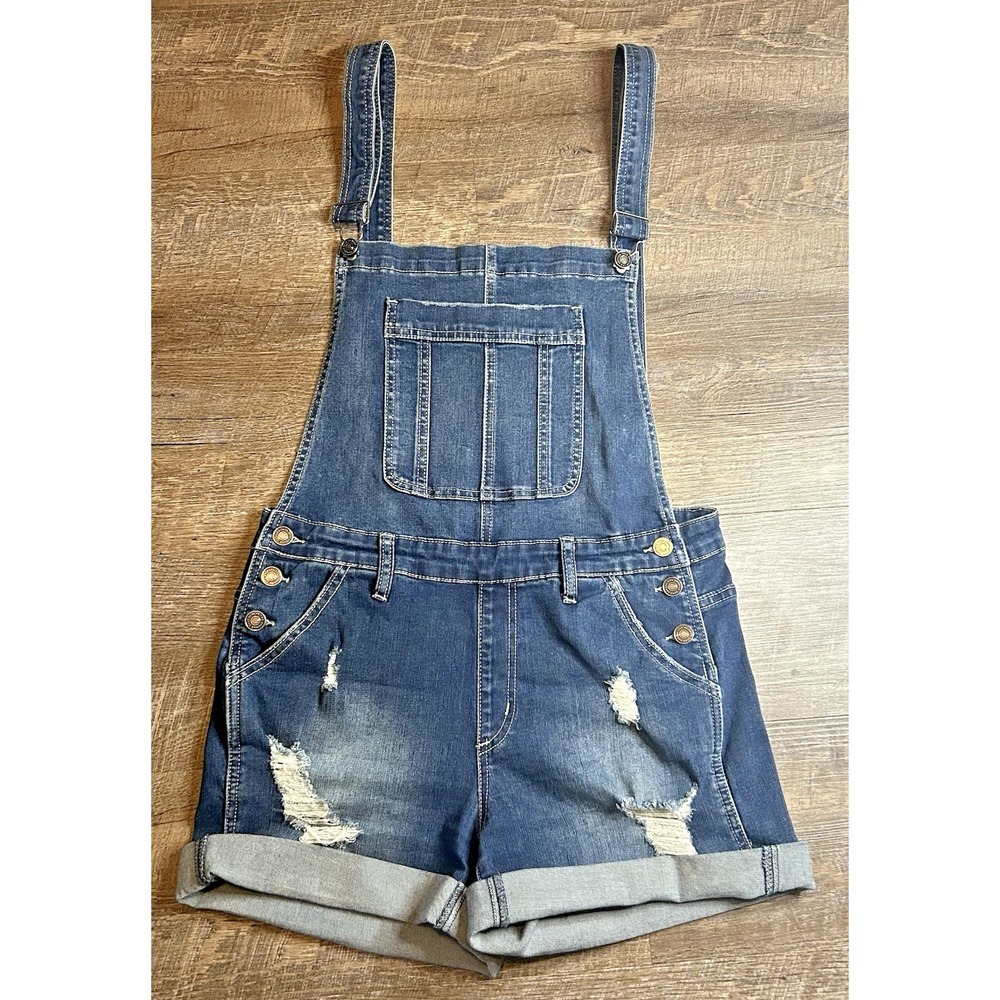 KanCan Women's Sz M Blue Denim Distressed Overall Shorts Romper Stretch Pockets